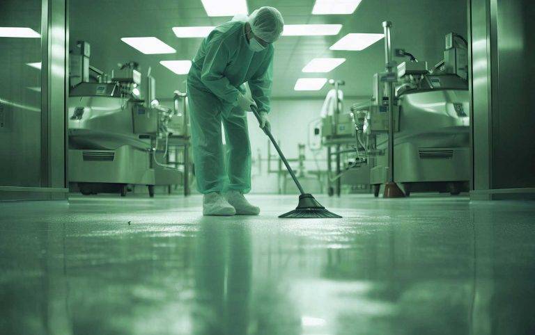 Mitarbeiter von Reinigungskonzepte Bautzen reinigt sorgfältig im Schutzanzug den Krankenhausboden mit dem Wischmopp.
