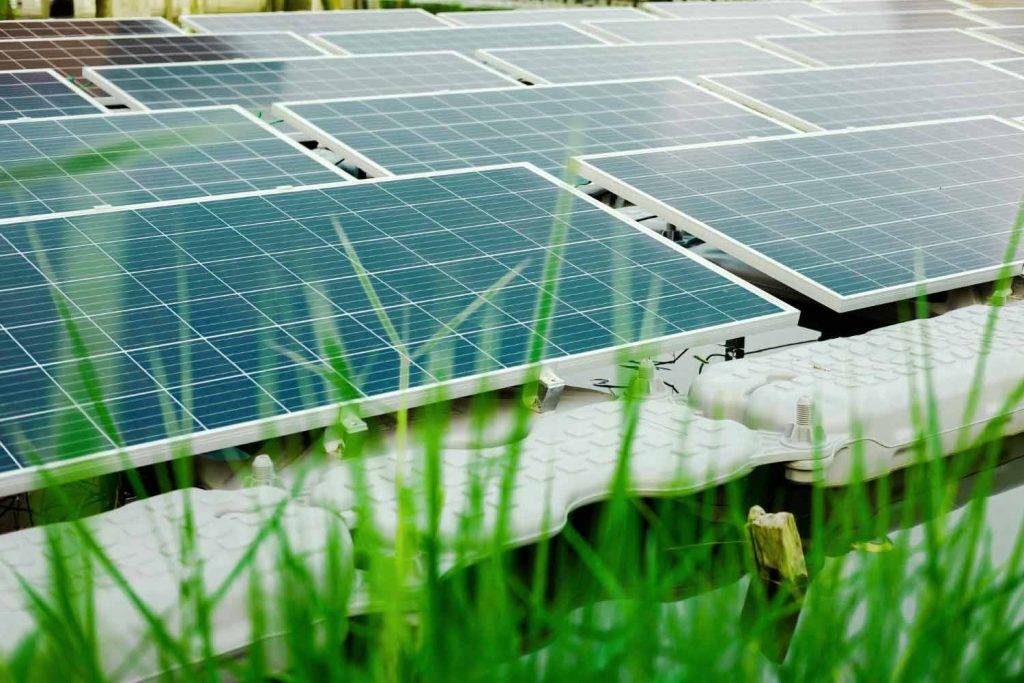 Reihung von Solarpaneelen auf grüner Wiese symbolisiert die Wartung von Solaranlagen durch Reinigungskonzepte Riesa.