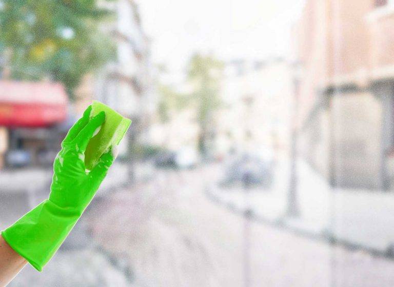 Ein Mitarbeiter von Reinigungskonzepte putzt mit einem Schwamm eine Fensterscheibe, dahinter erkennt man Bischofswerda.