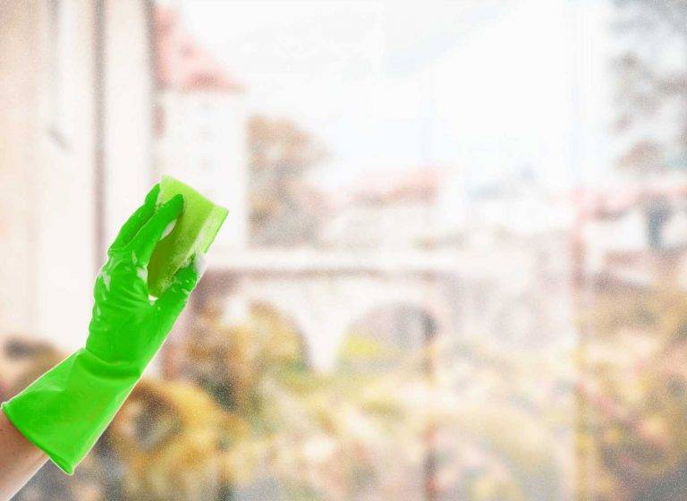 Ein Fenster mit Blick auf Freiberg wird von einer Reinigungskonzepte-Mitarbeiterin mit einem Glasabzieher geputzt.