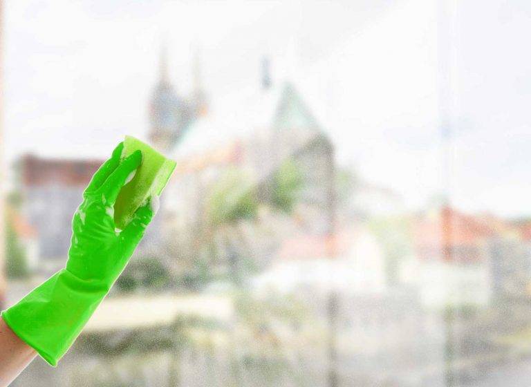 Ein Reinigungskonzepte-Mitarbeiter reinigt ein Fenster mit einem grünem Schwamm, dahinter sieht man Görlitz.