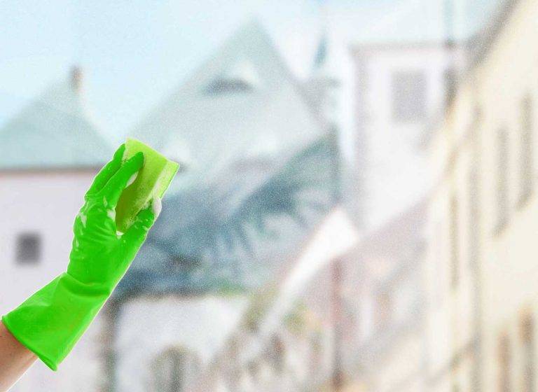 Ein Mitarbeiter von Reinigungskonzepte reinigt mit grünem Handschuh & einem Schwamm ein Fenster mit Blick auf Radeberg.