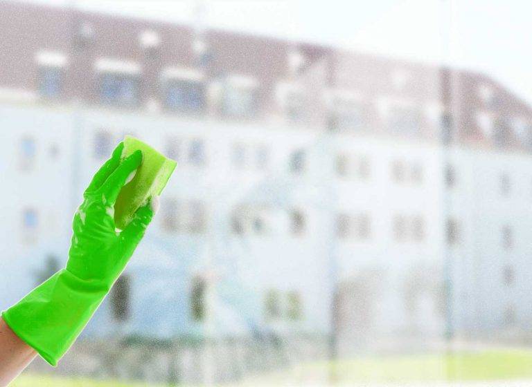 Ein Mitarbeiter von Reinigungskonzepte putzt ein Fenster mit einem grünen Schwamm, Zwickau ist im Hintergrund sichtbar.