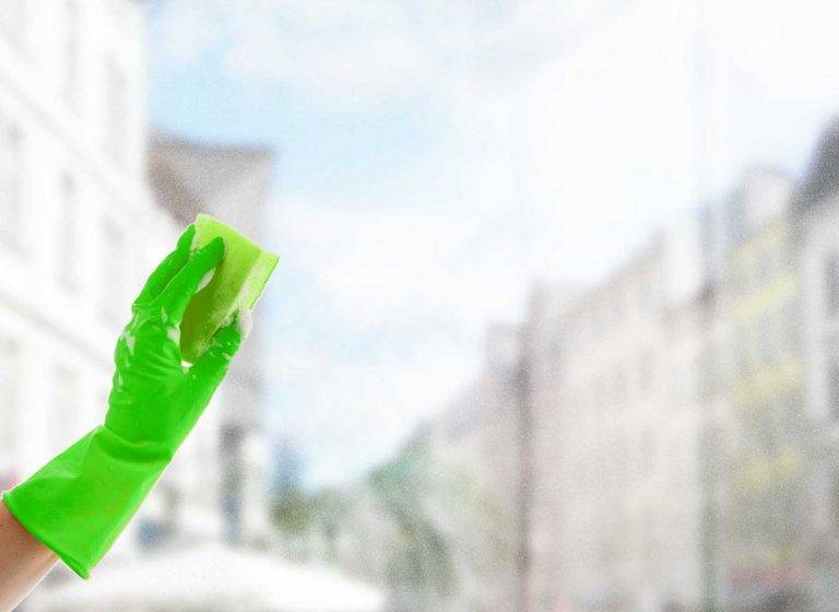 Ein qualifizierter Facharbeiter von Reinigungskonzepte putzt fachmännisch eine Fensterscheibe, mit Blick auf Bornheim.