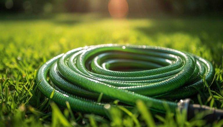 Eine eingerollter Wasserschlauch liegt im Gras. Reinigungskonzepte Bochum pflegt auch ihre Grünanlagen.