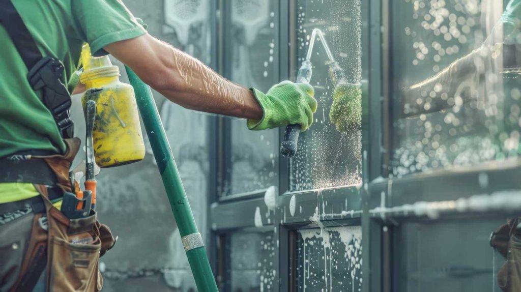 Ein Mitarbeiter von Reinigungskonzepten Dinslaken reinigt mit professionellen Hilfsmitteln das Glasfenster eines Kunden.