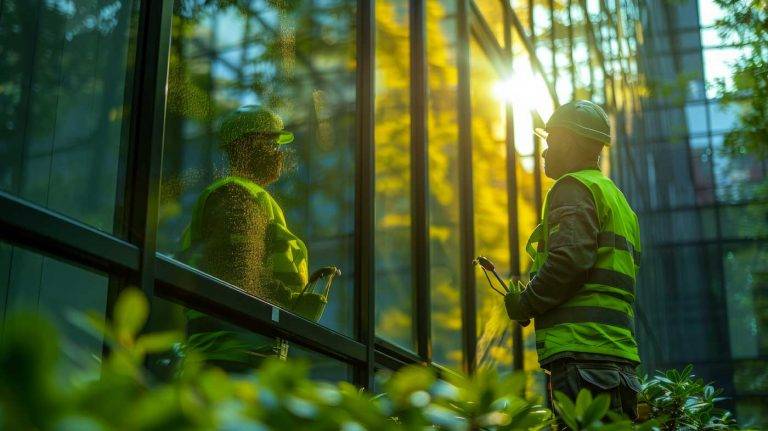 Ein Mitarbeiter von Reinigungskonzepte Düsseldorf steht vor einer Glasfassade & reinigt sie mit seinem Equipment.