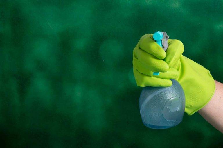 Mitarbeiter von Reinigungskonzepte Bremen trägt hellgrüne Handschuhe und hält eine Sprühflasche mit Reinigungsmittel.
