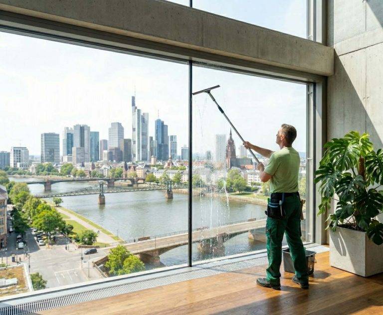 Mitarbeiter reinigt große Glasfläche in einem Gebäude im Rhein-Main-Gebiet mit Blick auf die Skyline von Frankfurt